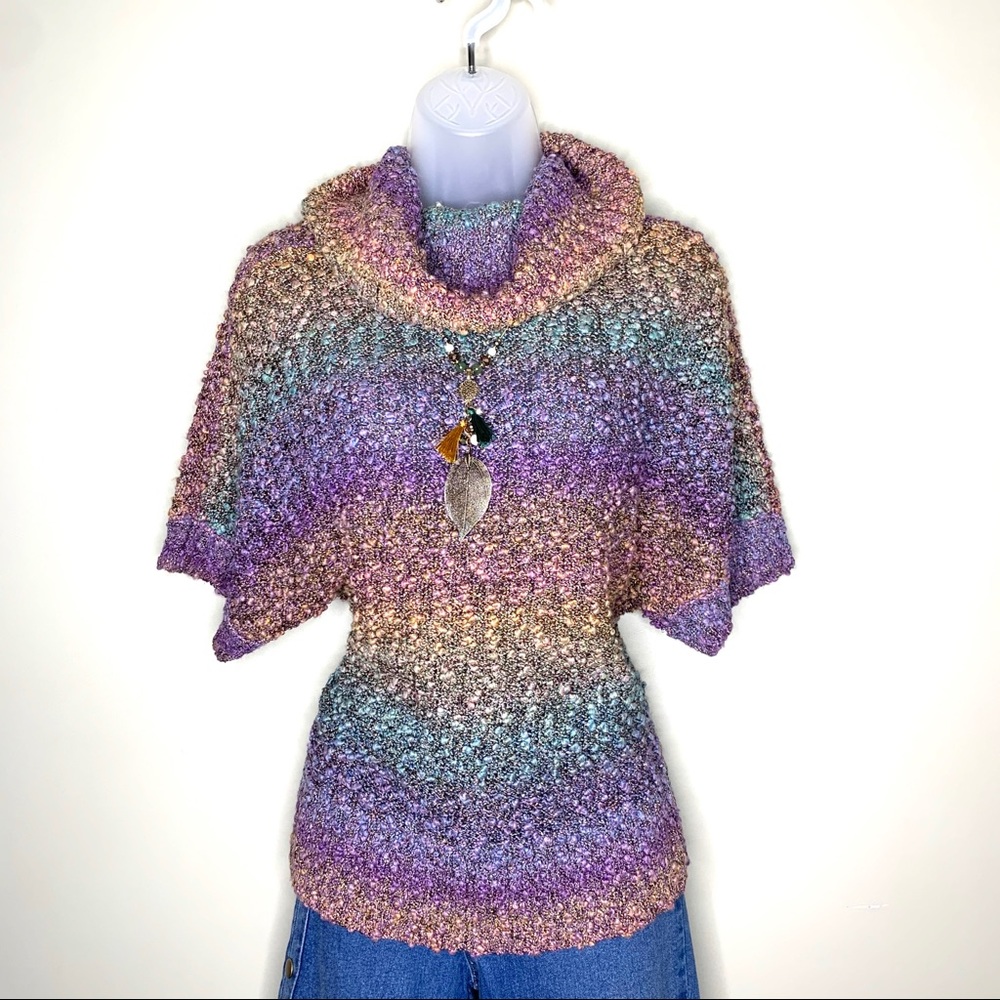 Cato Multicolor Knobby Knit Cowl Neck Sweater Metallic Ombre Short Sleeve Sz S